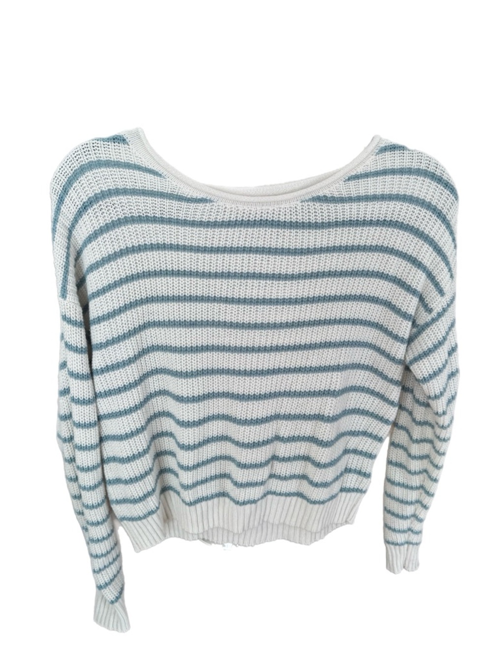 Women's White and Teal Striped Knit Sweater